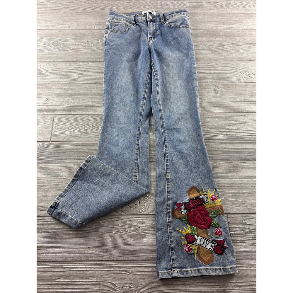 Ashley Mason Flare Jeans Blue Denim Embroidered Rose Cross Love Tattoo Art 1/25